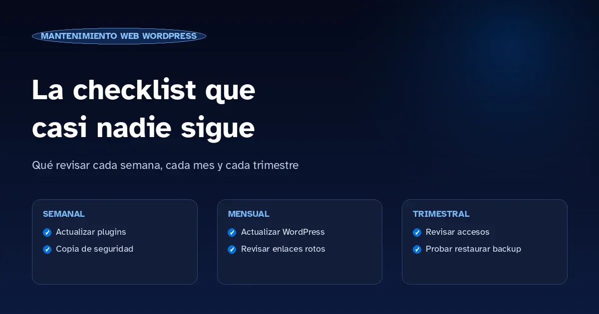 Checklist de mantenimiento web en WordPress: qué revisar cada semana, cada mes y cada trimestre