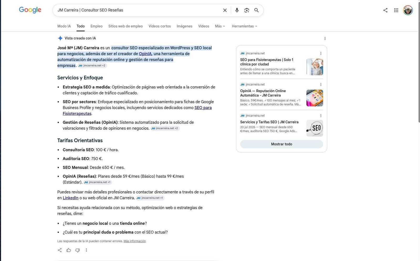 Captura real del Modo IA de Google citando a JM Carreira con tarifas y servicios exactos